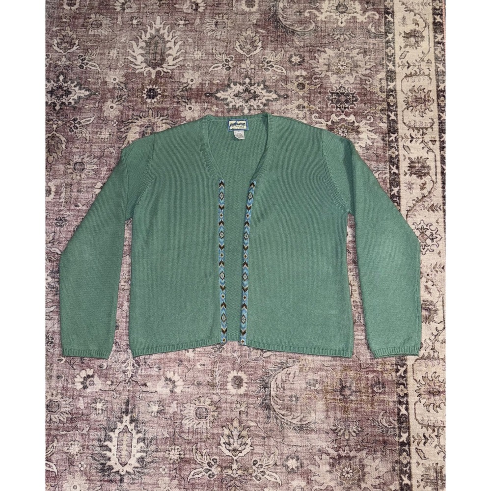 Pendleton Originals Sea Foam‎ Green Cotton Knit Cardigan Aztec Trim M Cottage